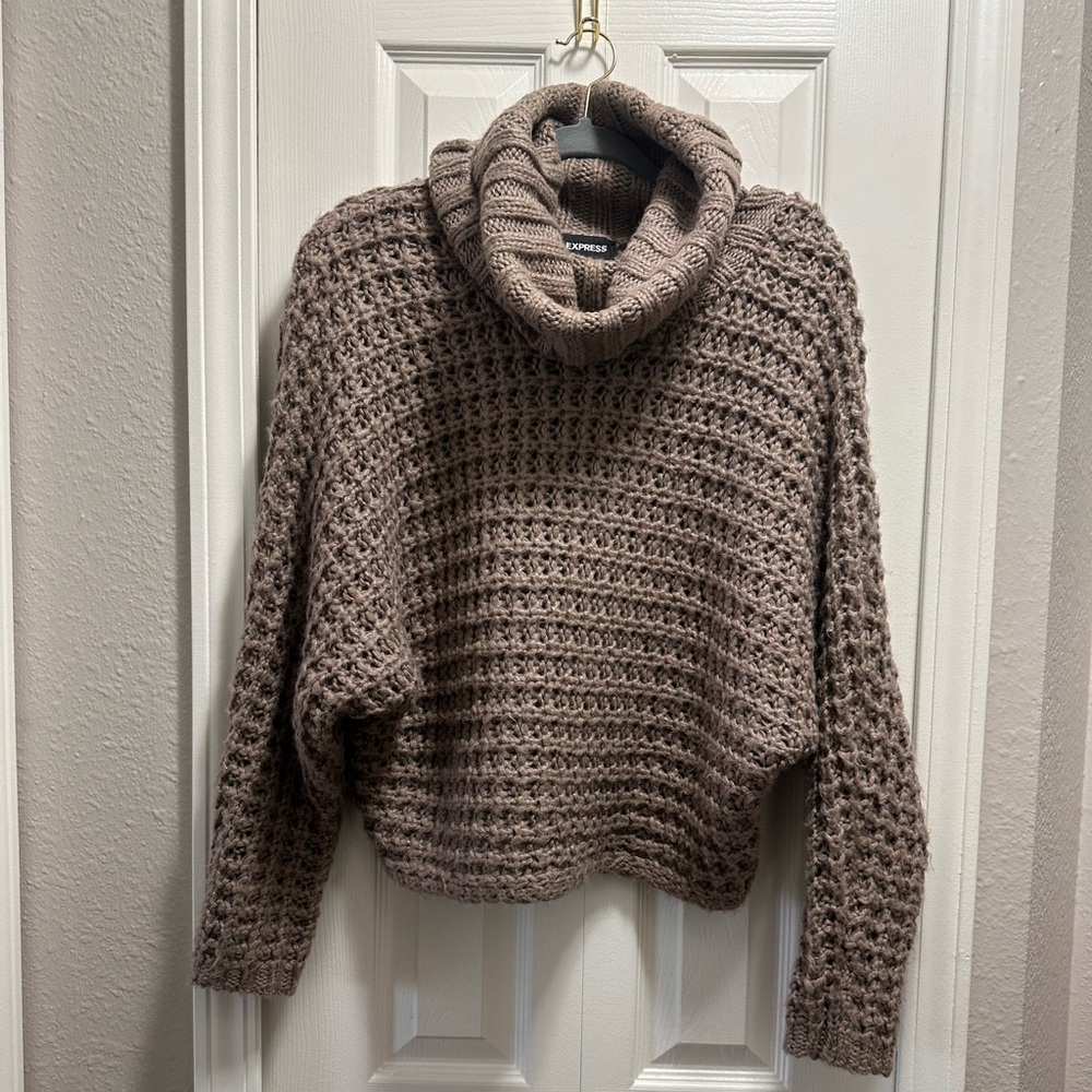 Express Taupe Crochet Cowl Neck Sweater